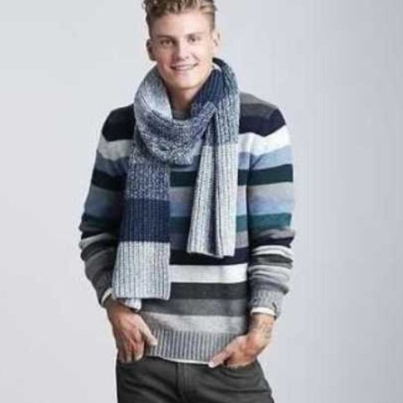 NEW MENSM GAP LAMBSWOOL HOLIDAY BLUE STRIPE CREWNECK SWEATER